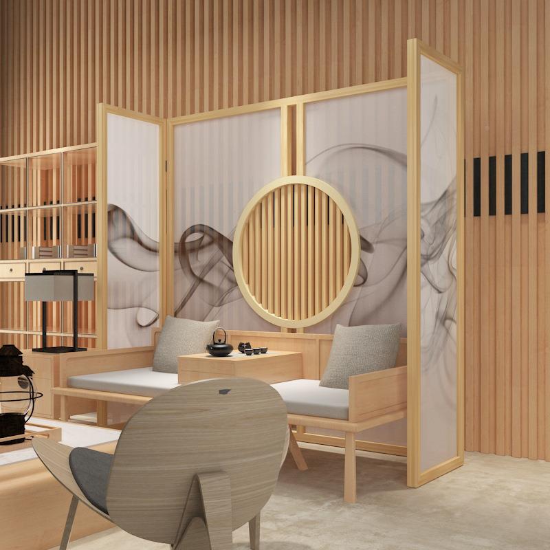 新中式屏风隔公断厅玄关卧室办酒实木移动半客店透KHL纱水墨座屏