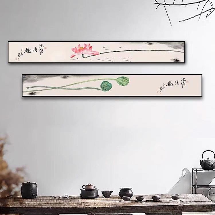 客厅茶室横板挂RFI画荷意水墨画饰画花沙发中式背景禅墙床头装壁