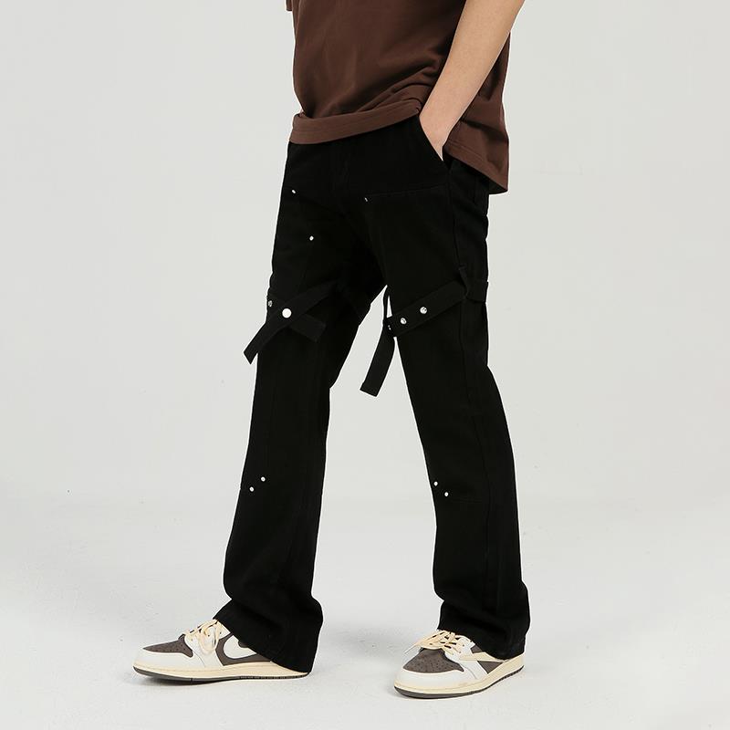 PASET潮流工装复古绑带设计微喇叭机能美式黑色牛仔裤男高街裤子