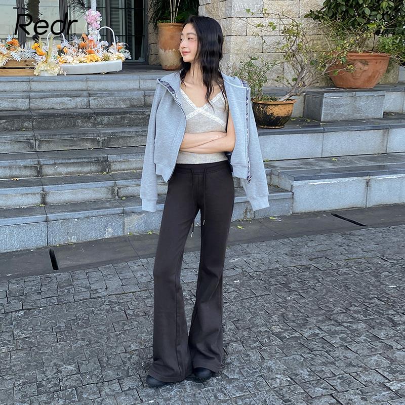 REDR灰色休闲卫裤女2024新款低腰显瘦百搭运动抽绳喇叭裤子