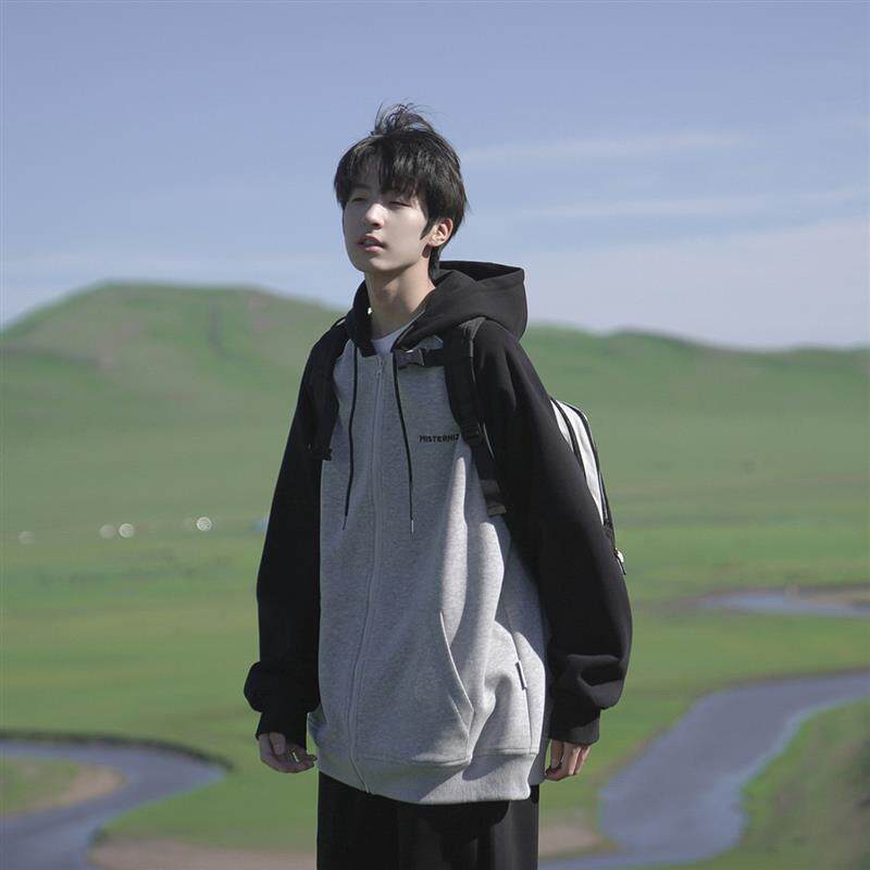 GOGOSOON男生灰色连帽拉链开衫卫衣外套上衣服370g春秋装青少年款