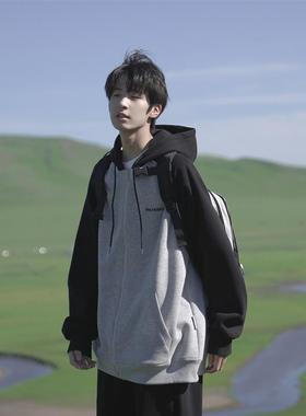 GOGOSOON男生灰色连帽拉链开衫卫衣外套上衣服370g春秋装青少年款