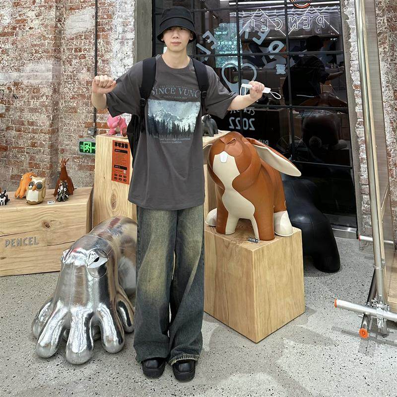 ALCF博主原创四季款新品复古港风做旧宽松阔腿拖地牛仔裤