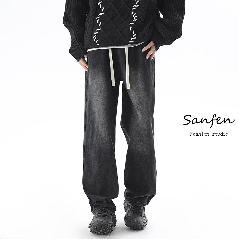 三分焦点 潮牌加绒牛仔裤男士春季松紧腰美式高街水洗休闲长裤子