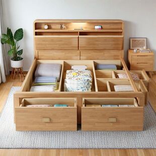 2026北欧实木床床头充电带抽屉高箱储物家用主卧双人现代简约加厚