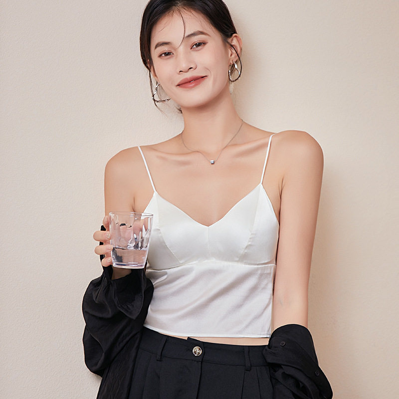 真丝缎面美背短吊带法式