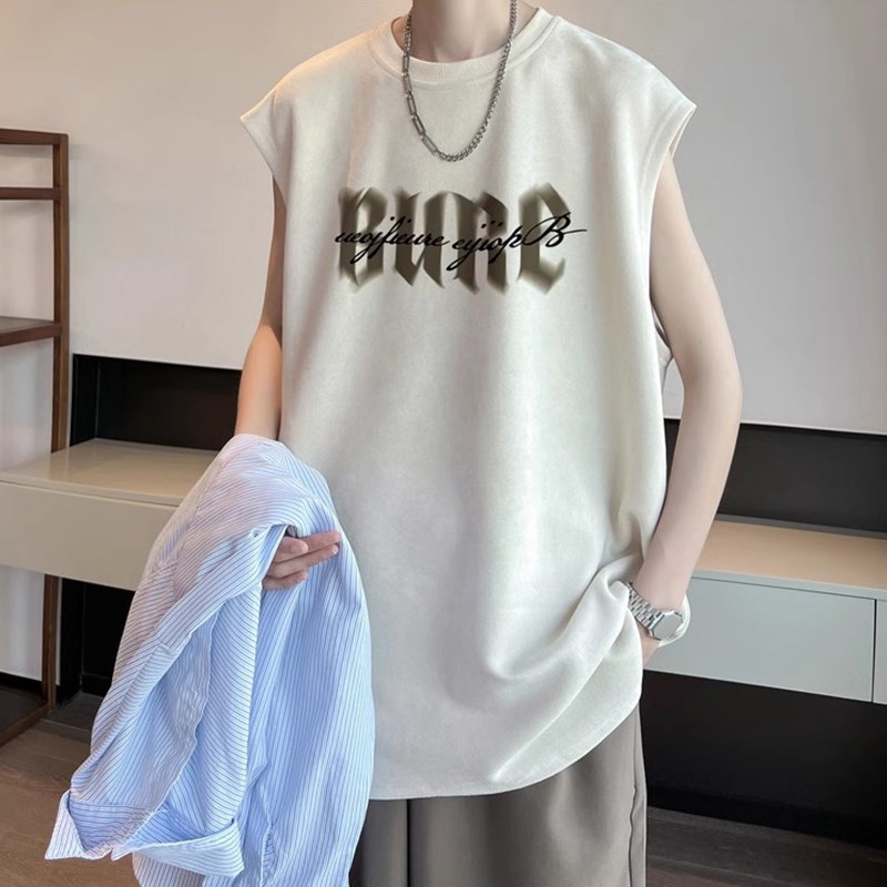 现货重磅麂皮绒背心男款夏季潮流痞帅短袖上衣服宽松大码无袖t恤