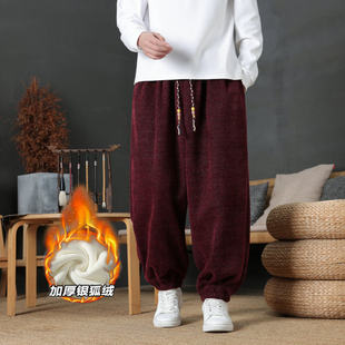 加绒加厚束脚休闲长裤 中国风男装 男新中式 雪尼尔灯笼裤 潮 秋冬季
