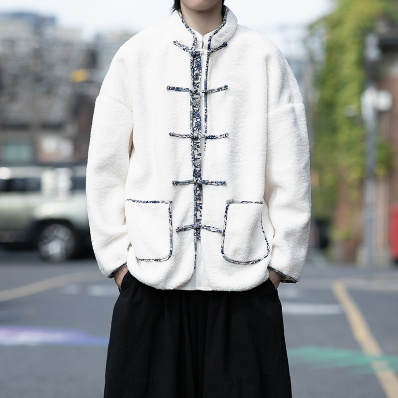 新中式男装秋冬季加绒加厚夹克复古羊羔绒保暖棉衣外套男 国潮