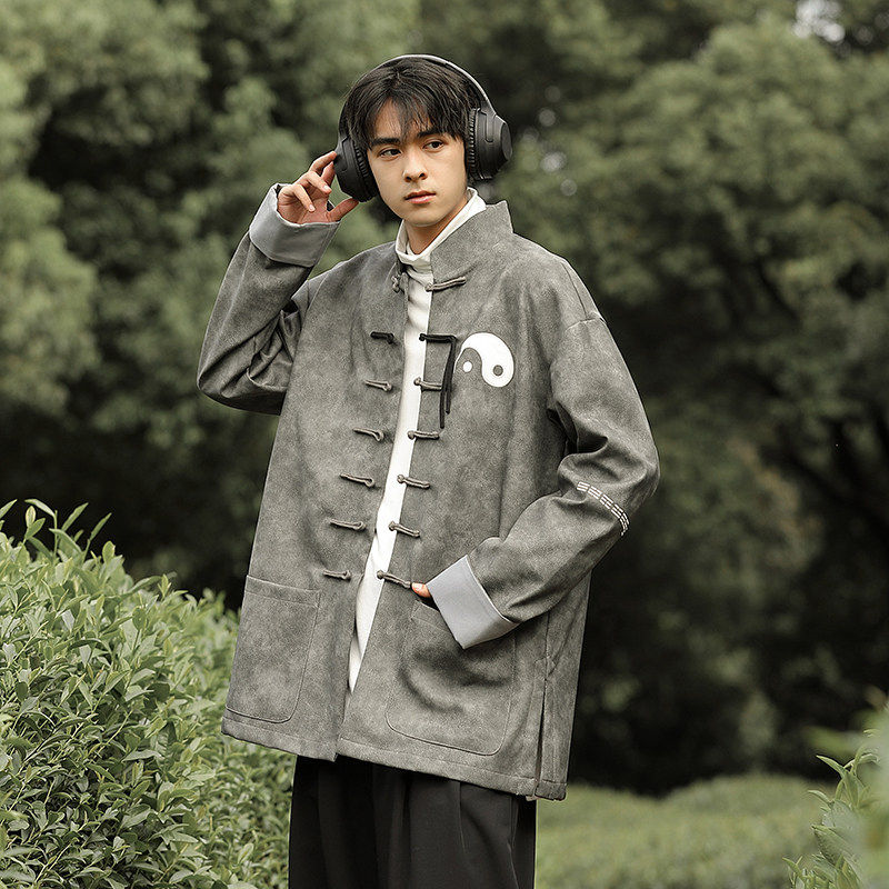 中国风秋冬男装 新中式唐装外套 PU皮太极刺绣盘扣休闲 国潮上衣