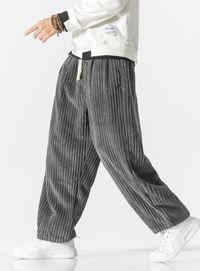 秋冬中国风加大条绒灯笼裤灰色灯芯绒休闲裤复古束脚宽松哈伦裤男