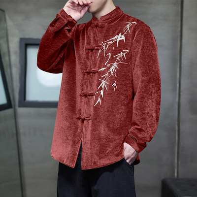 复古文艺 中国风男装 新中式唐装灯芯绒盘扣立领刺绣加厚衬衫男