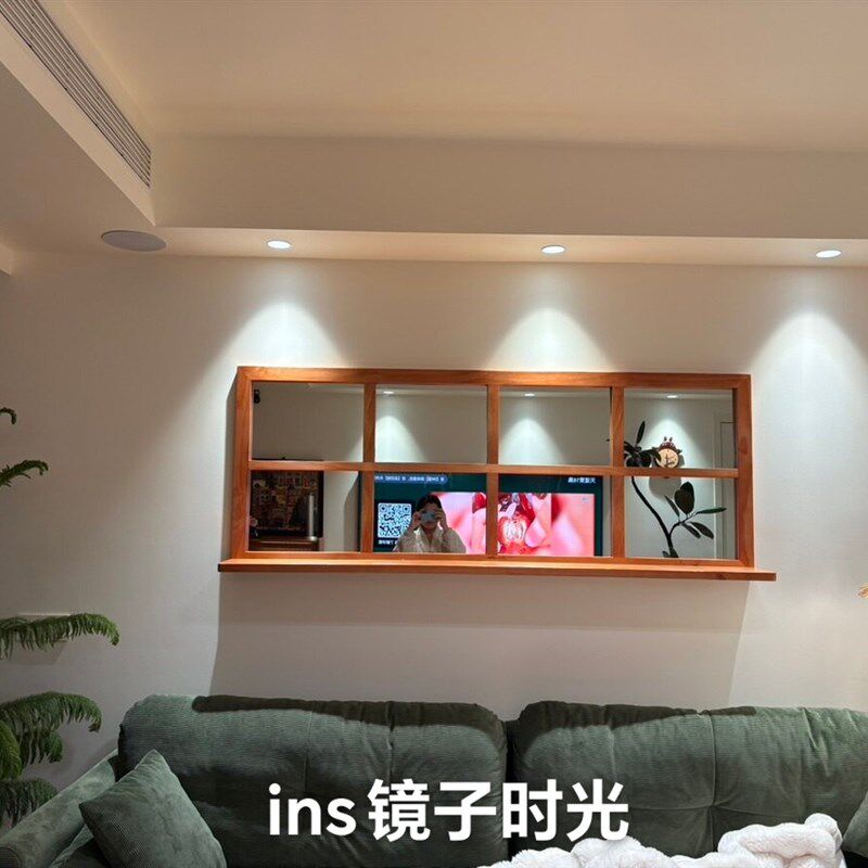 中古风家用客厅沙发背景墙装饰镜咖啡餐厅墙面装饰假窗实木格子镜