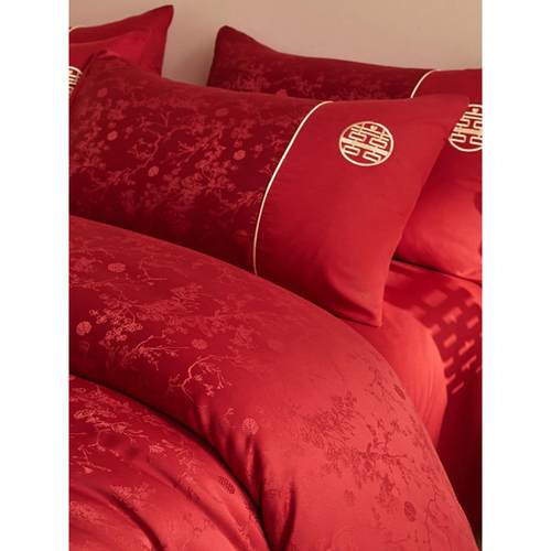 A类全棉婚庆四件套高档礼盒大红色提花被套1.8米陪嫁婚房床上用品