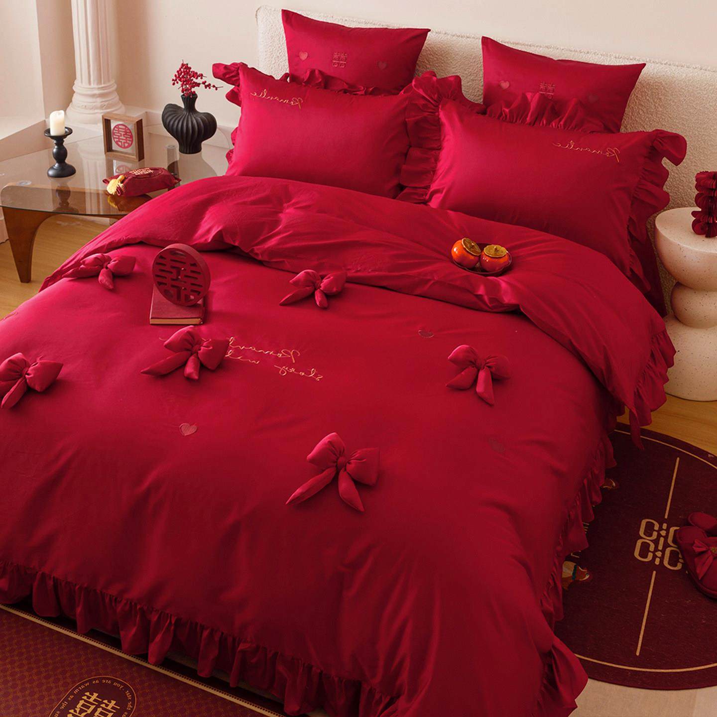 少女心蝴蝶结立体长绒棉四件套结婚喜庆红色被套花边床单全棉床品