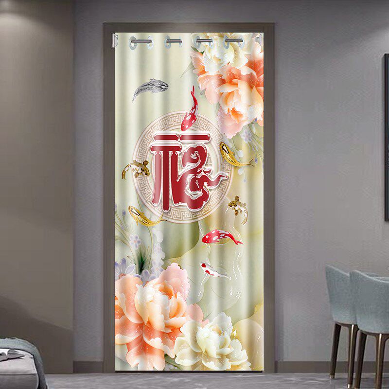 新中式门帘免打孔伸缩杆房间隔断帘卫生间卧室隐私遮挡帘子高级感