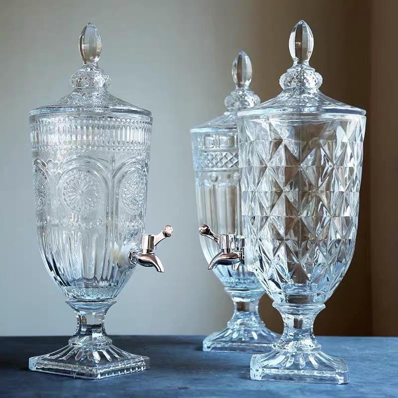 网红泡酒桶玻璃果汁壶带盖子带龙头浮雕汽水瓶果汁缸酒吧KTV吧台