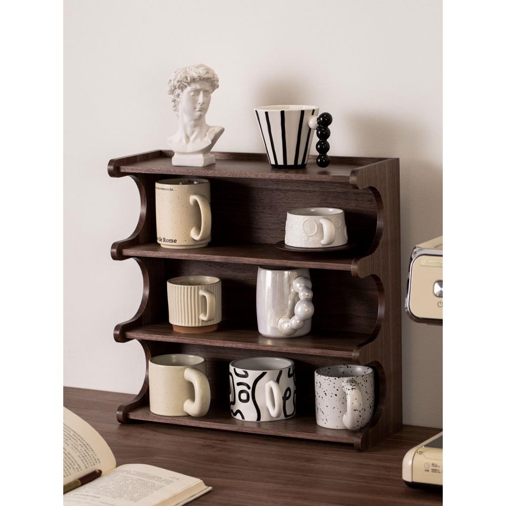 杯子收纳置物架桌面水杯咖啡杯架黑胡桃实木多层茶杯马克杯展示柜