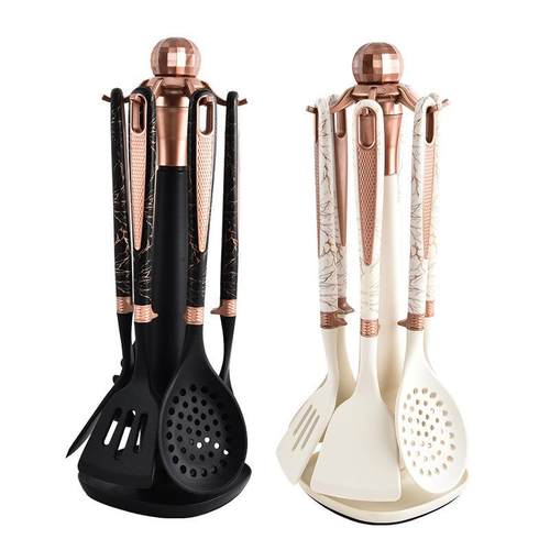 新款硅胶厨具七件套收纳架套装锅铲汤勺钻石纹烹饪套装工厂直发批