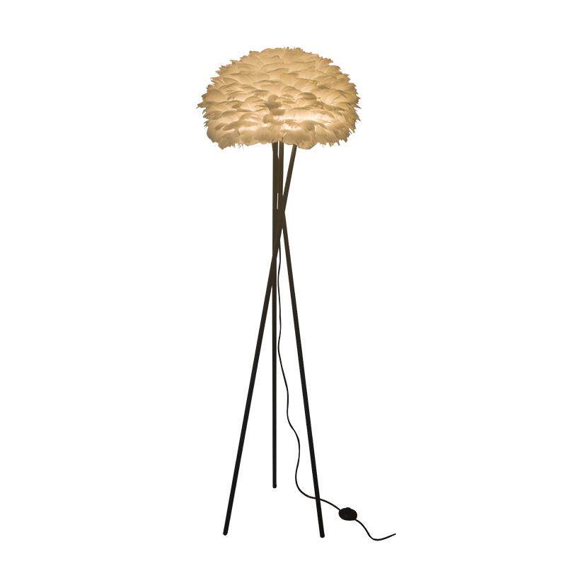 网红款LED羽毛落地灯酒店客房三叉立式台灯布艺羽毛灯罩落地台灯