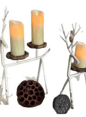 欧式法式复古做旧铁艺麋鹿烛台桌面摆件家居玄关卧室橱窗装饰展示