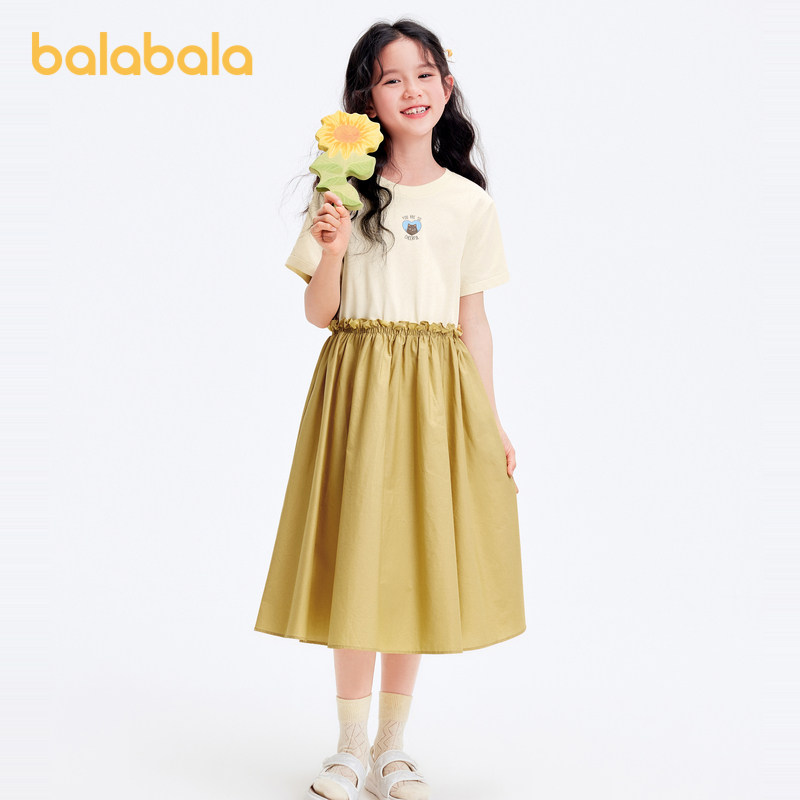 巴拉巴拉女童夏装儿童连衣裙2024新款大童假两件甜美印花公主裙子