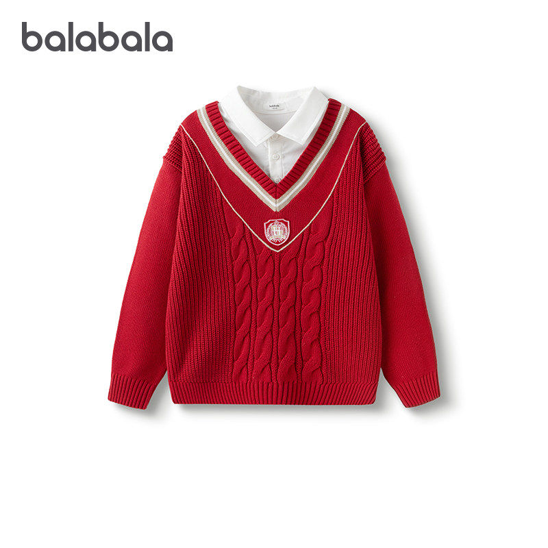 巴拉巴拉男童毛衣大童假两件针织衫儿童红色毛衫2025春装新款童装