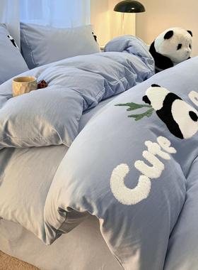 水棉包熊猫床三四件套毛巾洗绣刺被PT55868套纯色床单4件套床笠