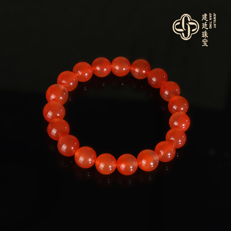 保山河湾冰红南红手串10mm 收藏冰种冰透起荧光 南红手链珠串单圈