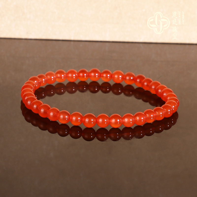 建廷原矿保山河湾冰红手串5mm 单圈 冰种荧光冰透南红手链珠串