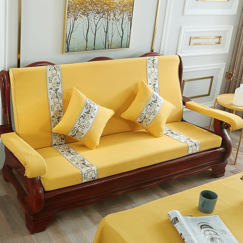 沙发垫带b靠背海绵硬厚亚麻套三人连体1234座老式实木红木椅坐垫