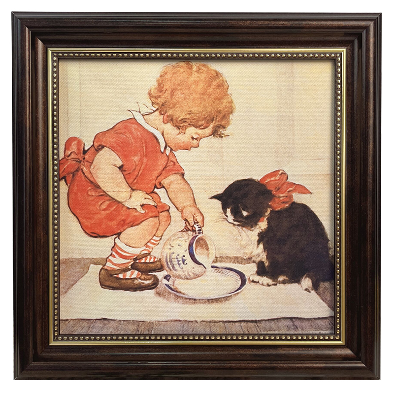 猫和小女孩油画装饰画桌面摆件美法式复古相框卧室客X厅背景墙挂