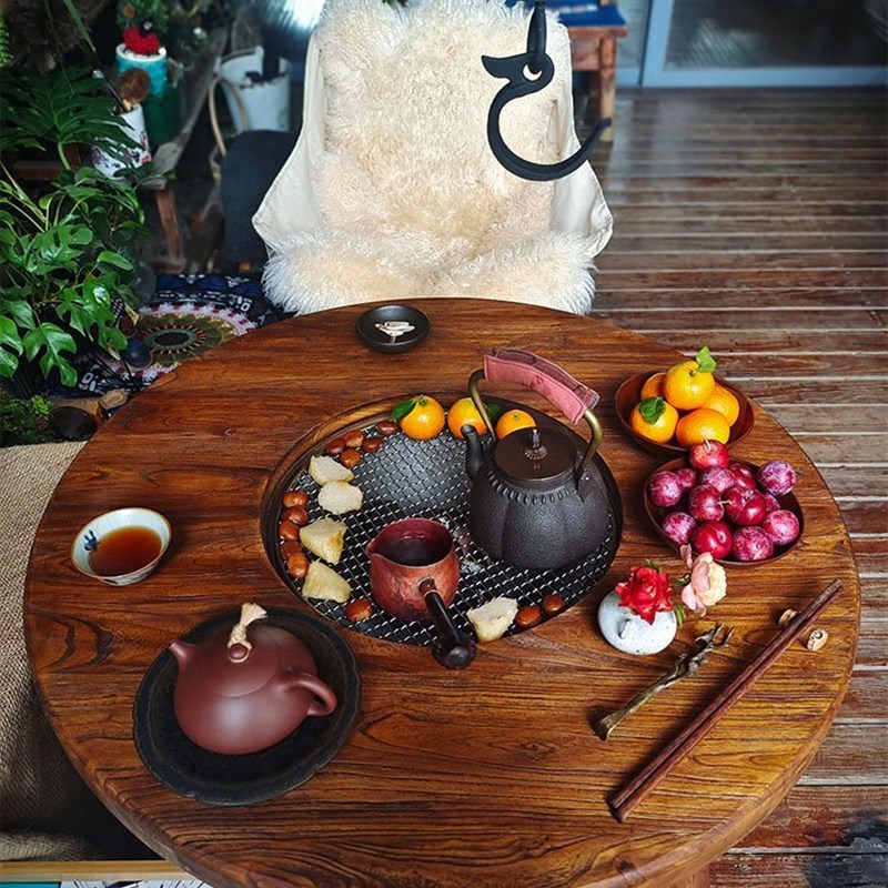 老榆木茶桌围炉桌子冬日煮茶桌家用室内烤K火炉套装烧烤火锅小圆