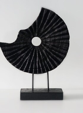 侘寂风木a质圆形装饰摆件玄关客厅家居复古民宿中式金属底座摆设