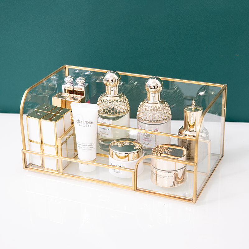 轻奢桌面化妆品收纳盒卧室家用护肤D品置物架透明玻璃大容量收纳