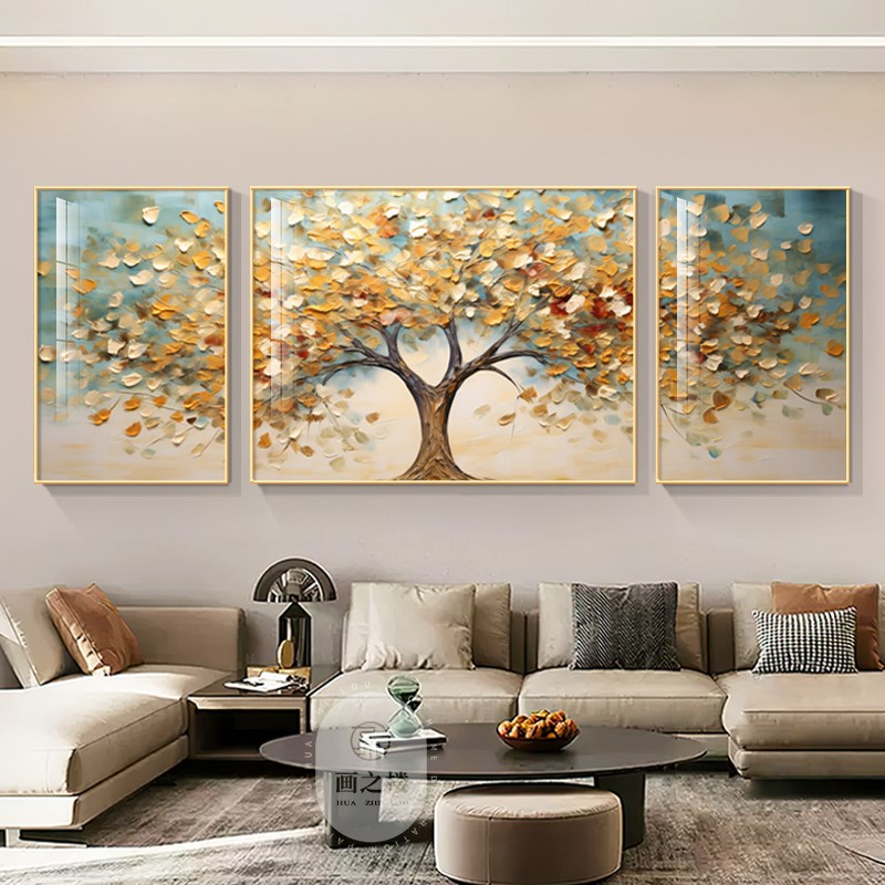 彩色发财树装g饰画大芬村油画沙发背景墙装饰画客厅高档大气三联图片