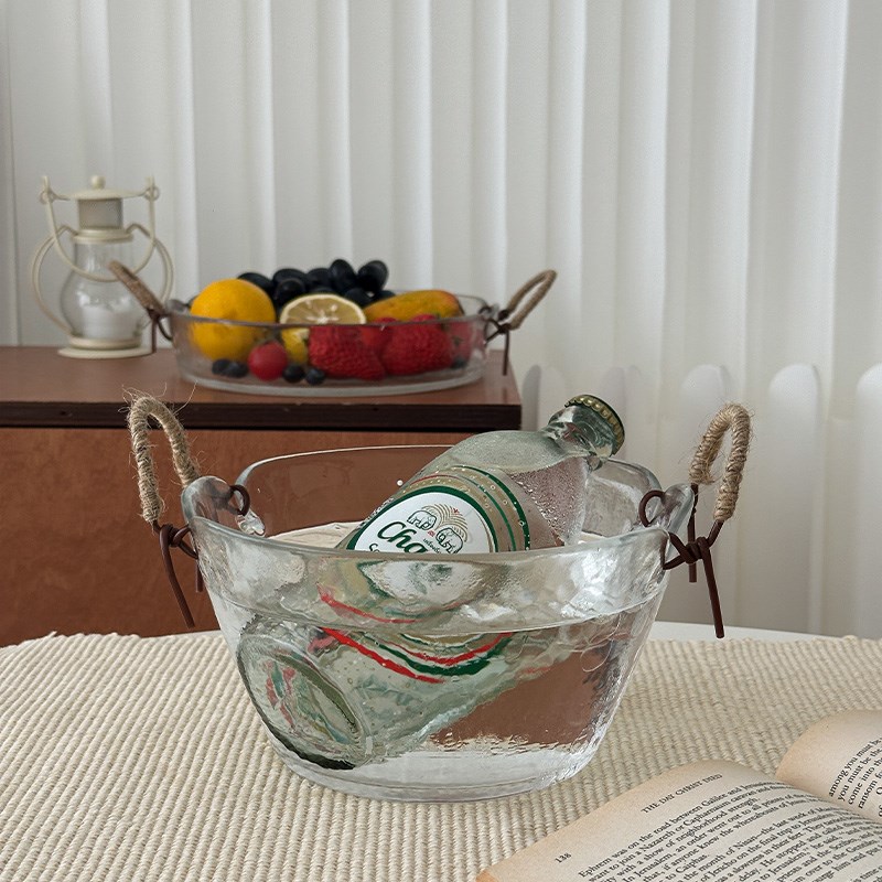 穆尼麻绳双耳手提锤纹玻璃碗盘客厅E家用零食盘水果沙拉碗盘冰镇