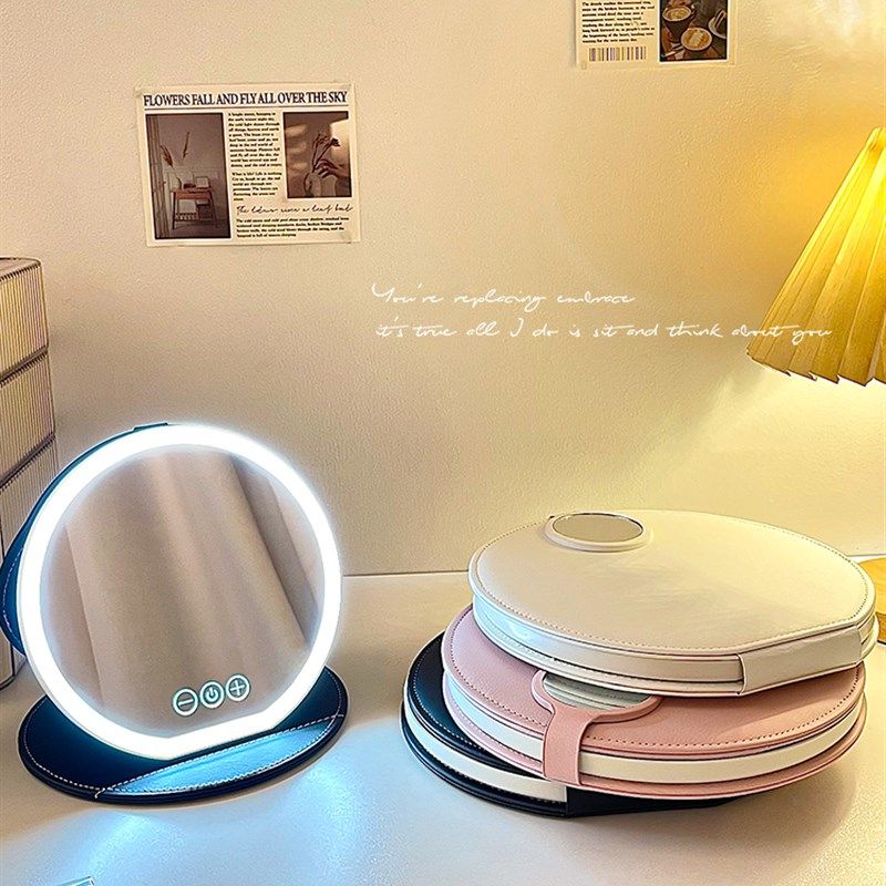 高清化妆镜带LED灯圆镜家用桌面台式可立小镜子女随身便携折叠镜