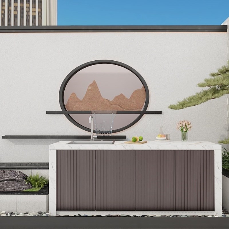 户外岛台操作台铝合金防水防晒洗手台室外别墅庭院水池一体储物柜