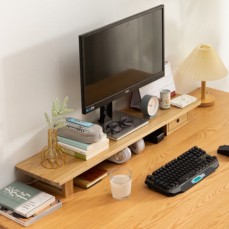 电脑显示器增高架桌面收s纳架子加宽实木抽屉屏幕支架电脑桌置物