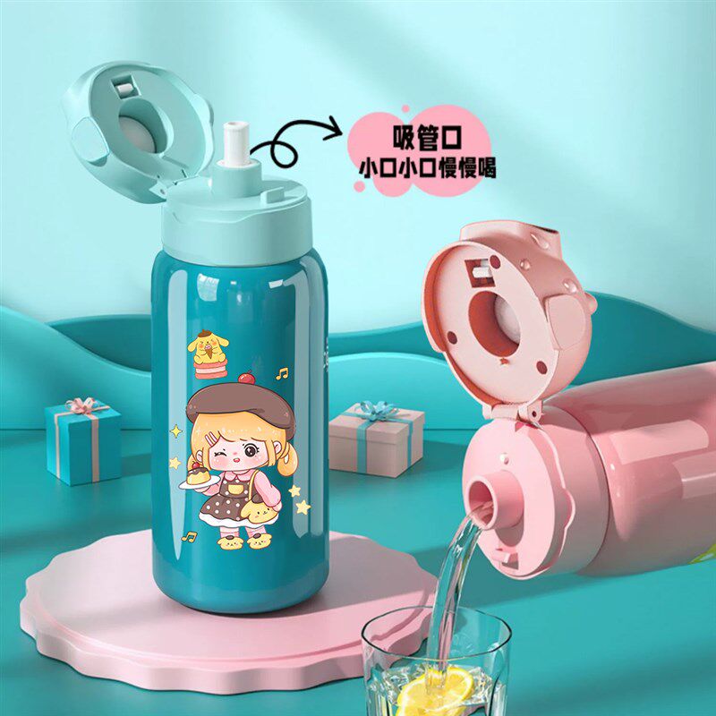 卡通小麻薯指纹解锁保温杯指纹水杯密码水杯316儿童上学智能女孩