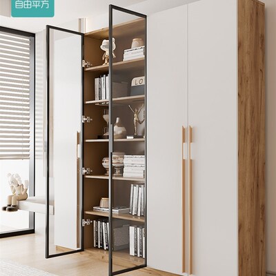 玻璃门书柜实木落地现代轻奢定制整墙书架自由组合单门书柜储物柜