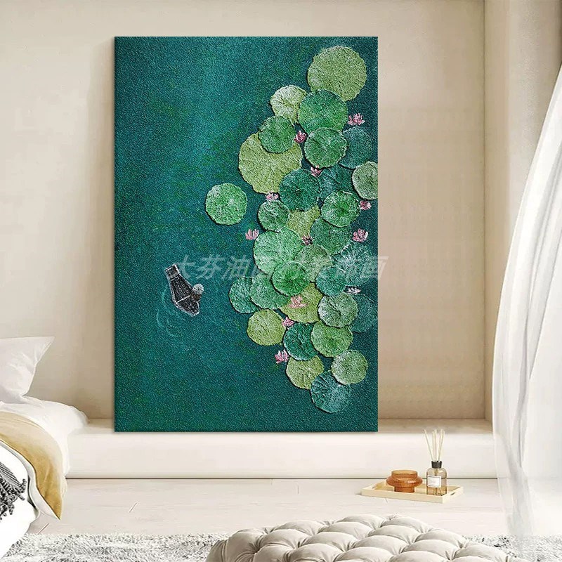 客厅好运莲e莲手绘油画玄关新中式绿色荷花叶肌理装饰壁画餐厅挂图片