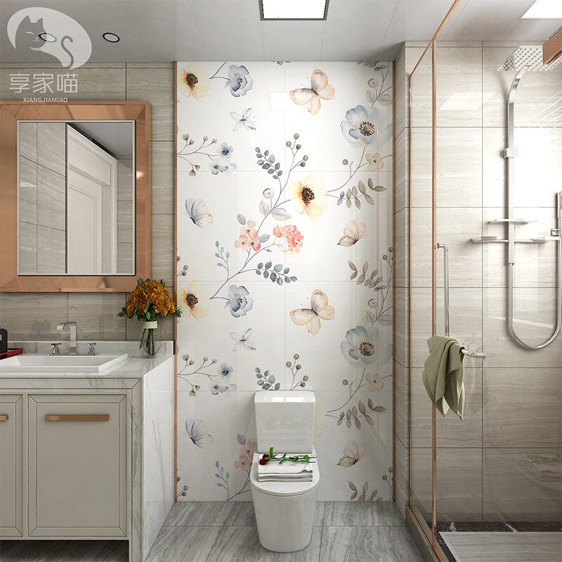 轻法式花砖卫生间植物瓷砖洗手间花片浴室岩板背景墙全瓷连纹图案