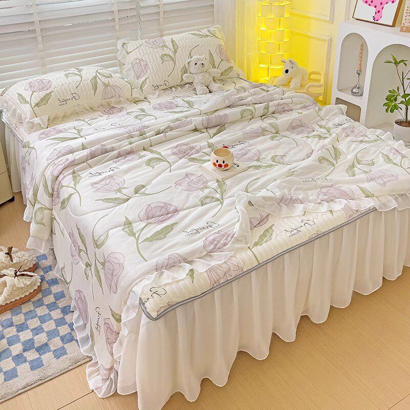 高端轻奢乳胶凉席夏被四件套公主风冰丝床罩床垫保护罩三件套床裙