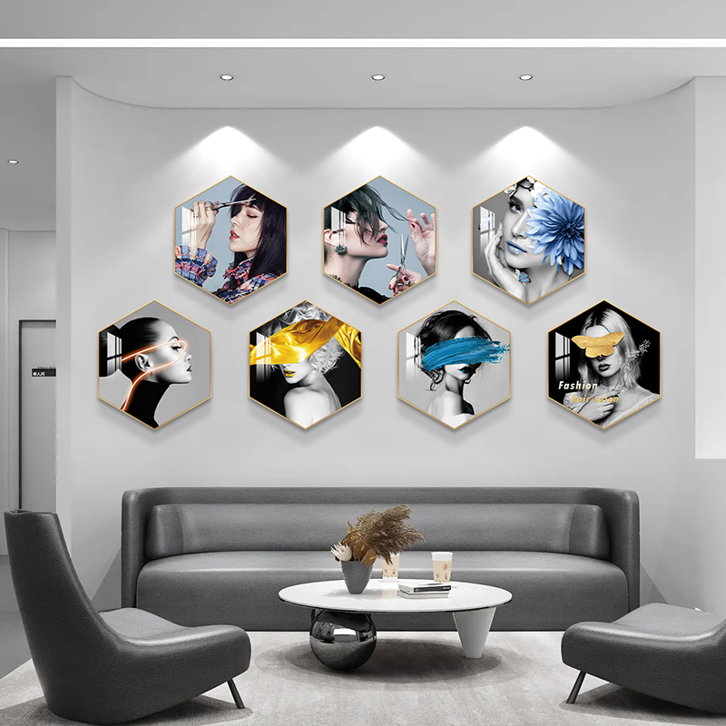 理发店墙面装饰画发廊六边形发型图片美容美发店挂画沙发背景墙画