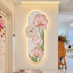 速发奶油风玄关钟表画款装入户正对门挂钟新饰创意静音时钟壁灯