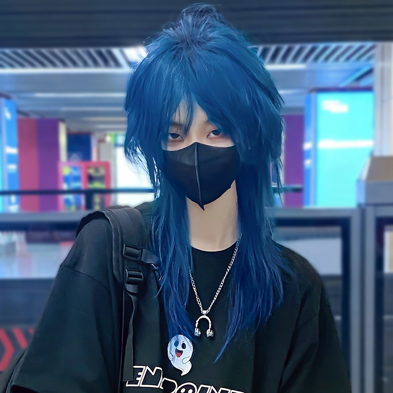 速发头发男短发少年基佬男生头假套男士蓝色狼尾鲻鱼全拖尾假发套