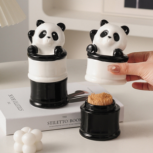 速发熊猫牙签盒牙线收纳盒家用4几棉签筒罐2高2茶新款 0颜值轻奢陶
