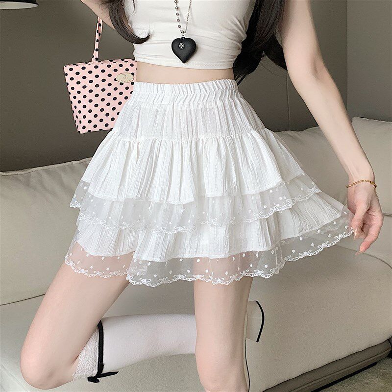 速发白色蕾丝花边蛋糕短裙裙夏季新款辣腰高妹芭蕾风蓬蓬a字半身